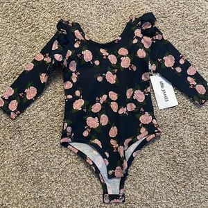 Little James 4-5 floral bodysuit- navy with pink roses and ruffles on shoulders